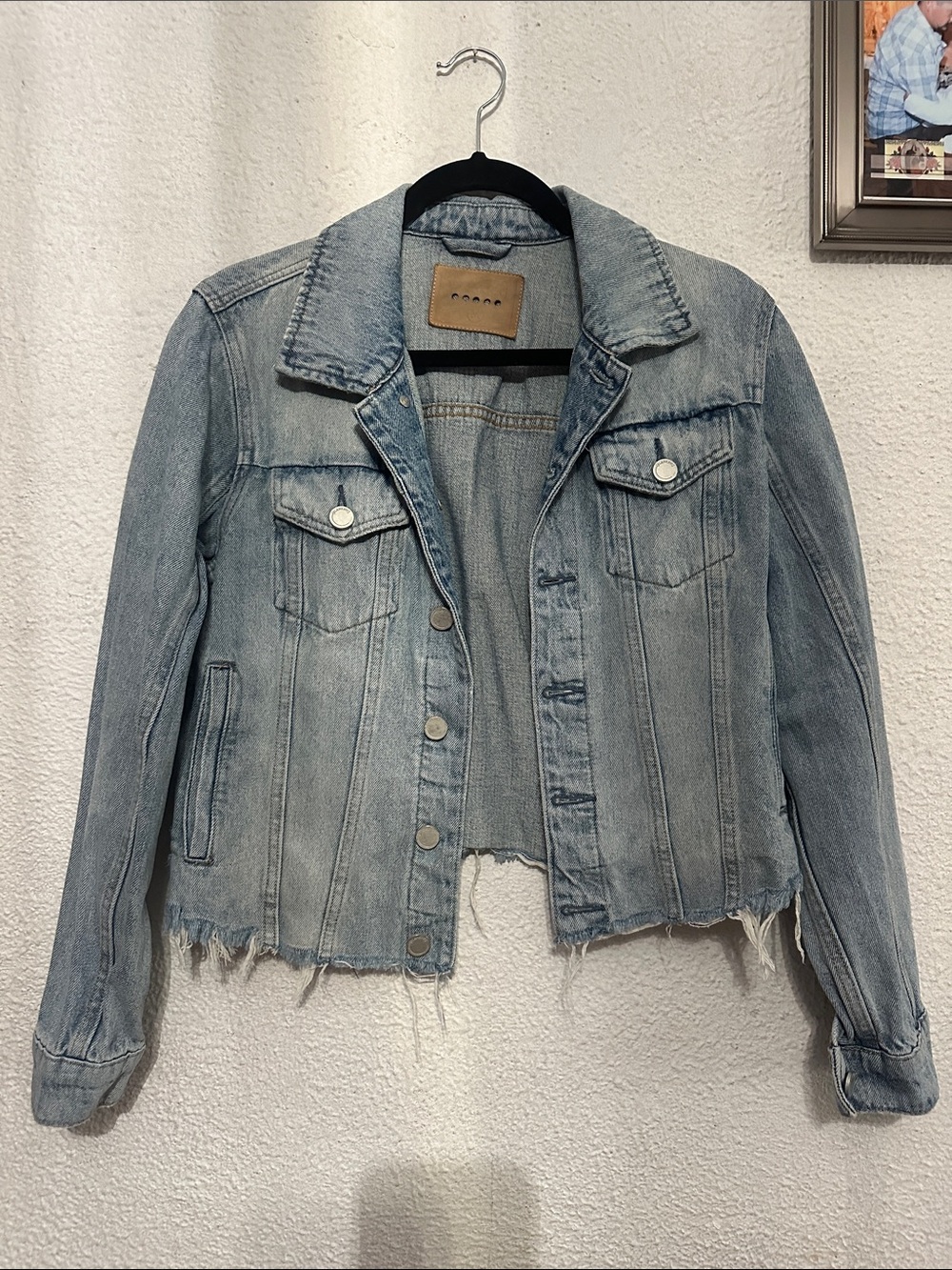Blank NYC Light Blue Distressed Cropped Denim Jacket